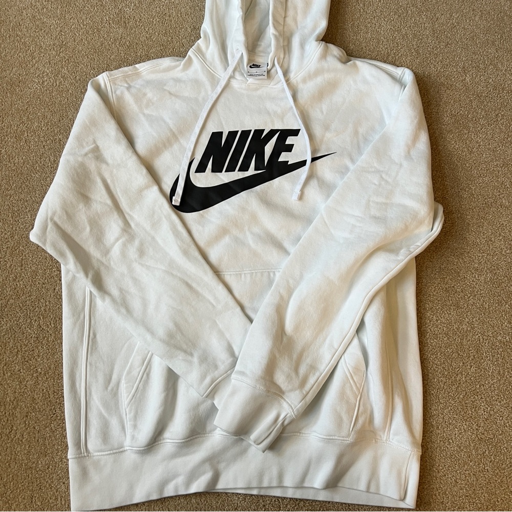 Nike Men’s medium white hoodie, great condition, black logo, very soft